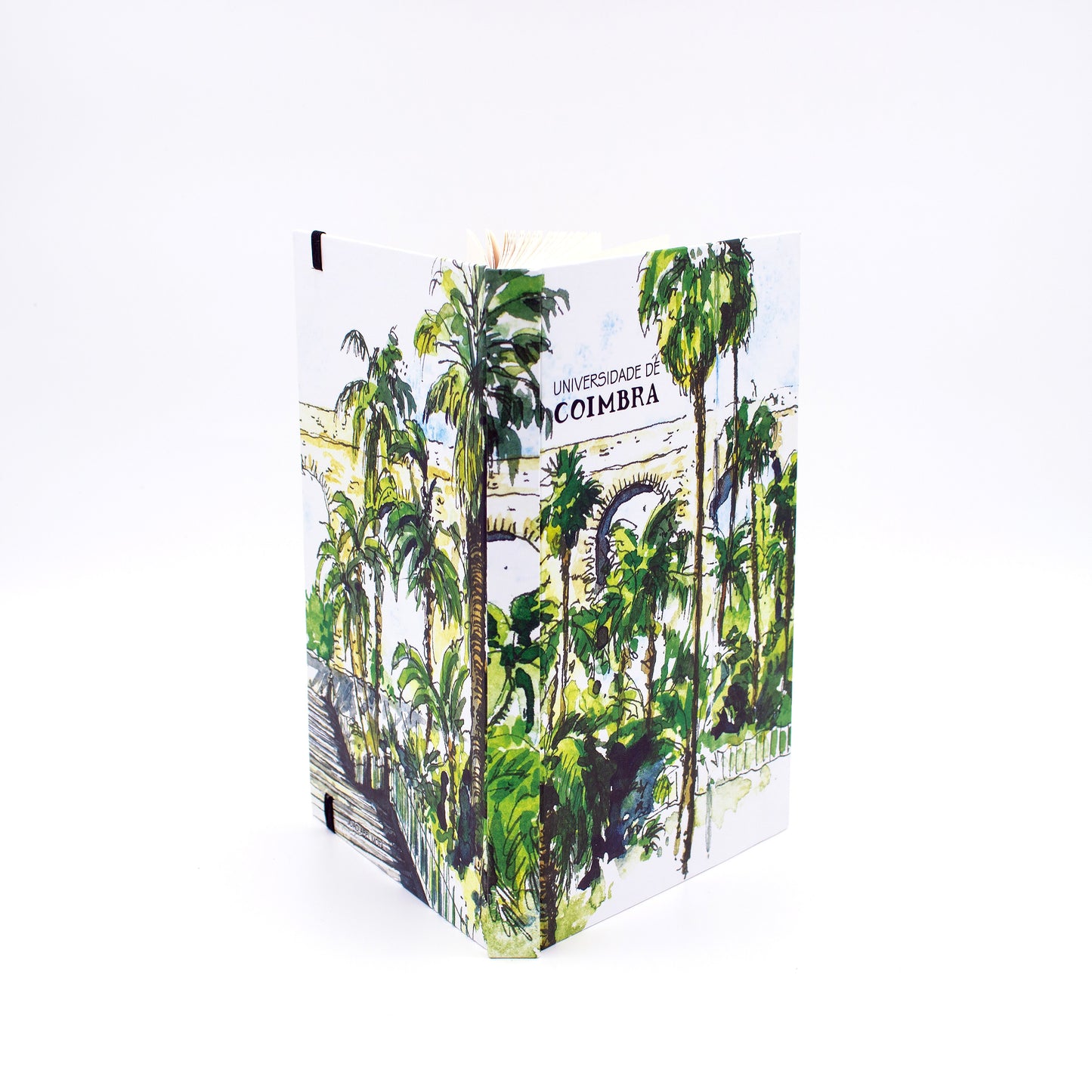 Bloco de Notas A5 com folhas lisas, decorado com uma ilustração da Entrada do Jardim Botânico da Universidade de Coimbra, da autoria do artista João Abel Mota