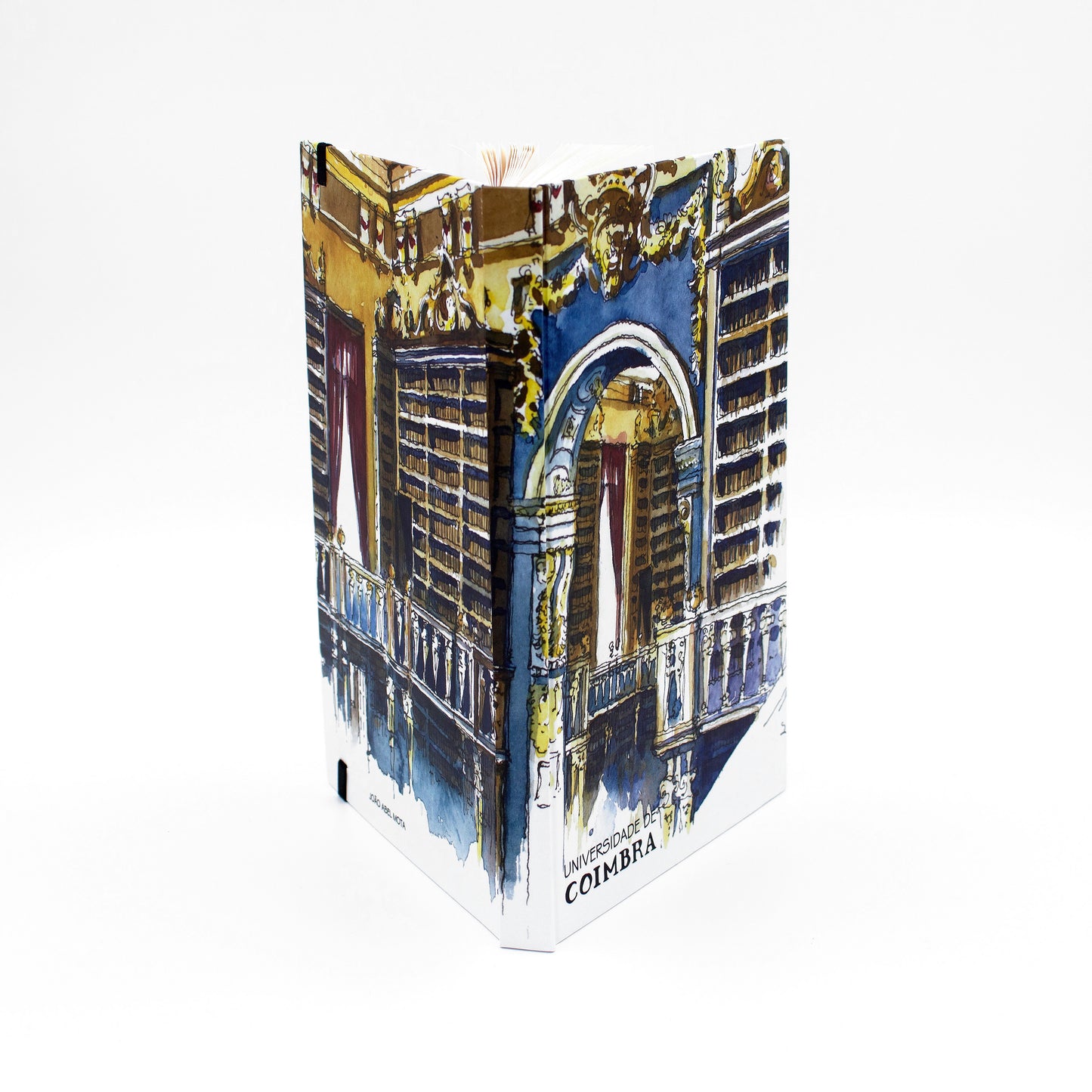 Bloco de notas A5 com folhas lisas, decorado com a ilustração da Biblioteca Joanina da Universidade de Coimbra, da autoria de João Abel Mota