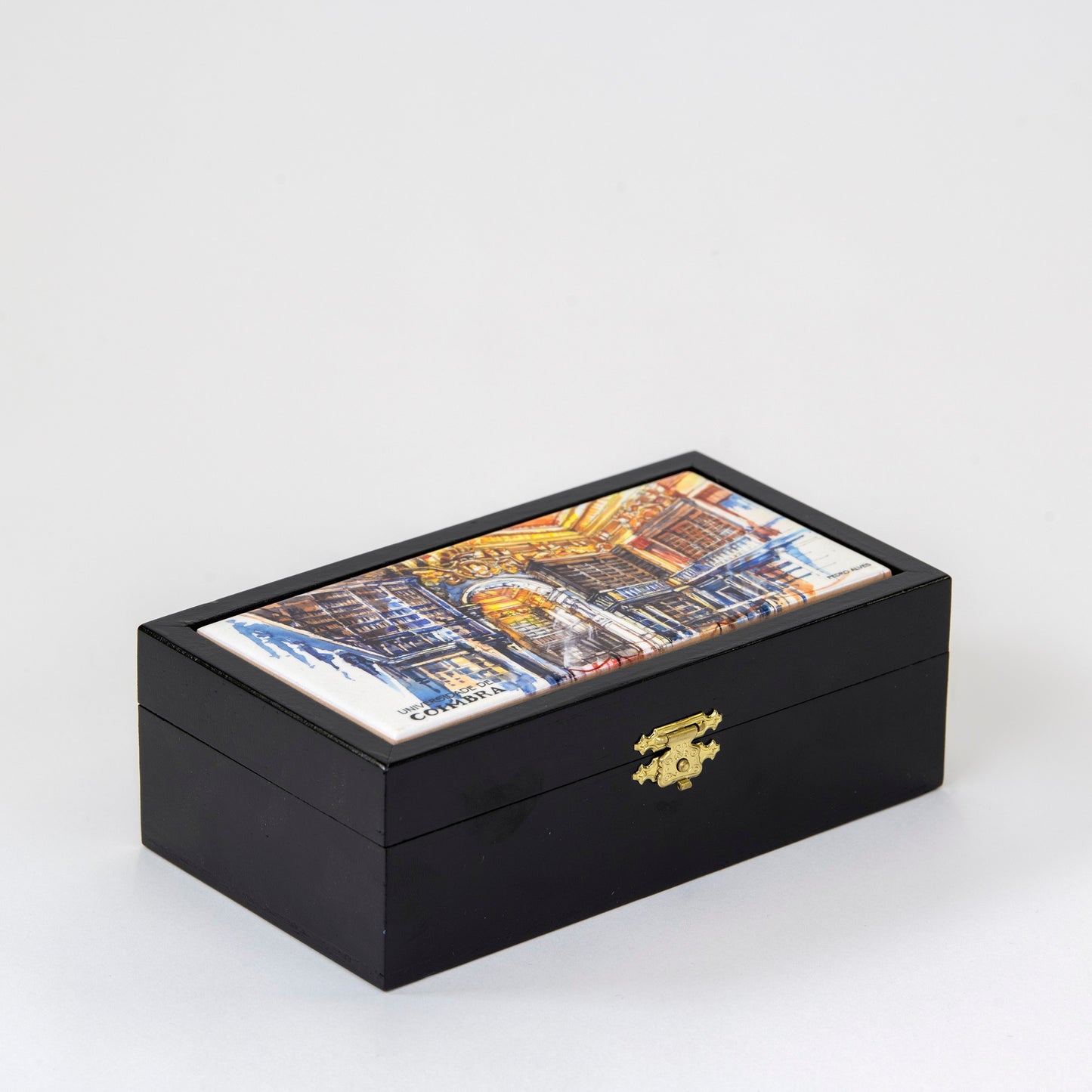 Caixa decorativa de madeira com azulejo da Biblioteca Joanina da Universidade de Coimbra desenhado por João Abel Mota.