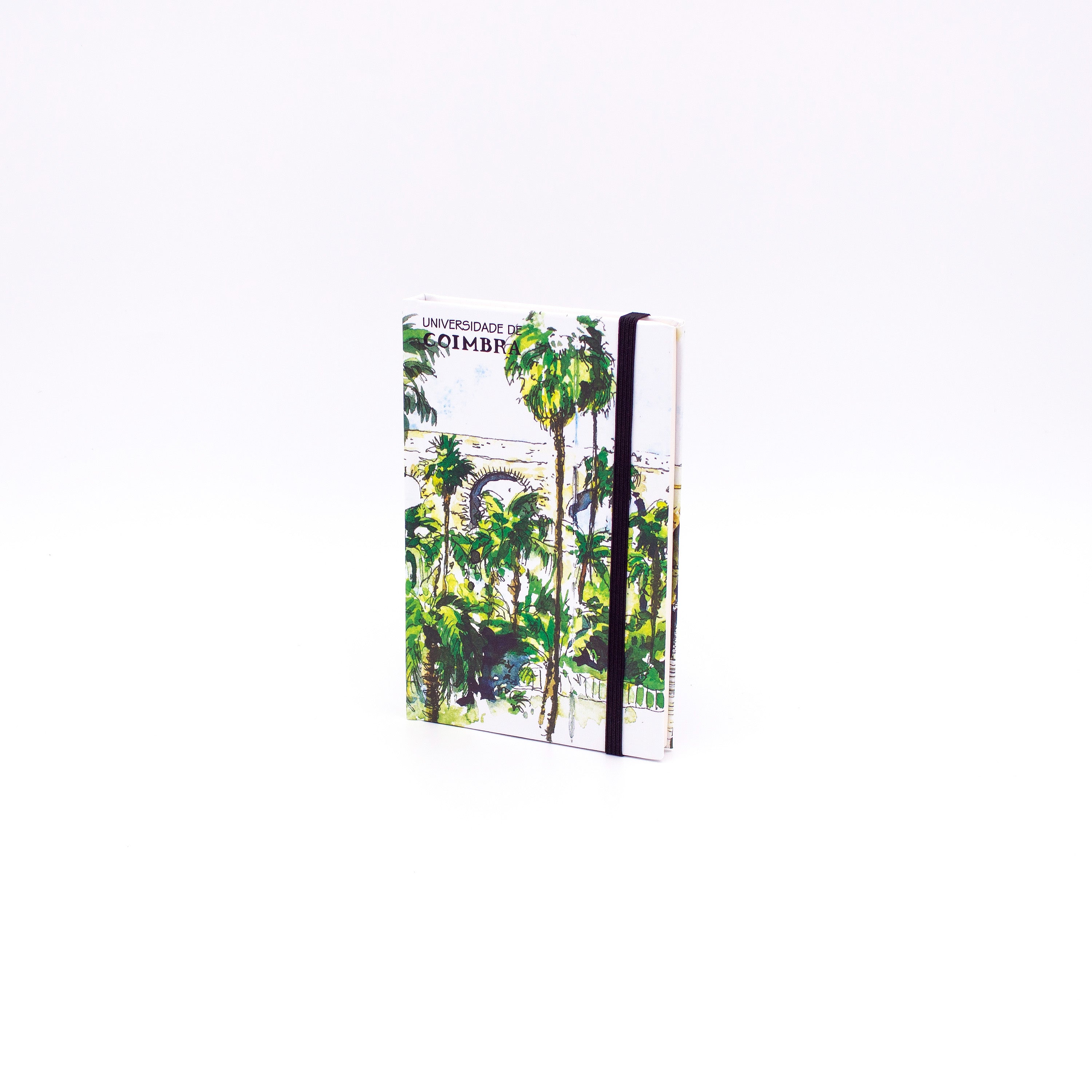 Bloco de Notas A6 com folhas lisas, decorado com uma ilustração da Entrada do Jardim Botânico da Universidade de Coimbra, da autoria do artista João Abel Mota