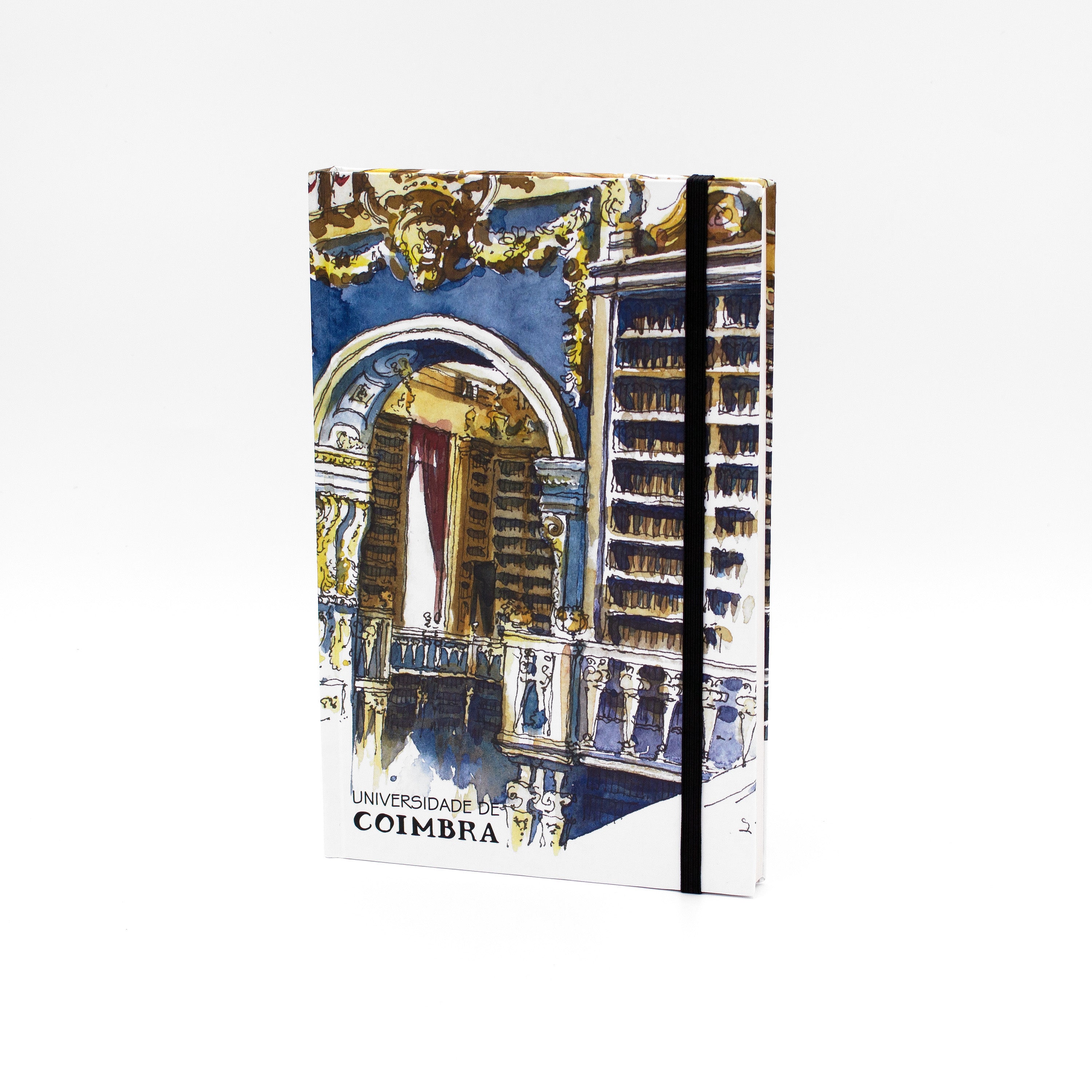 Bloco de notas A5 com folhas lisas, decorado com a ilustração da Biblioteca Joanina da Universidade de Coimbra, da autoria de João Abel Mota